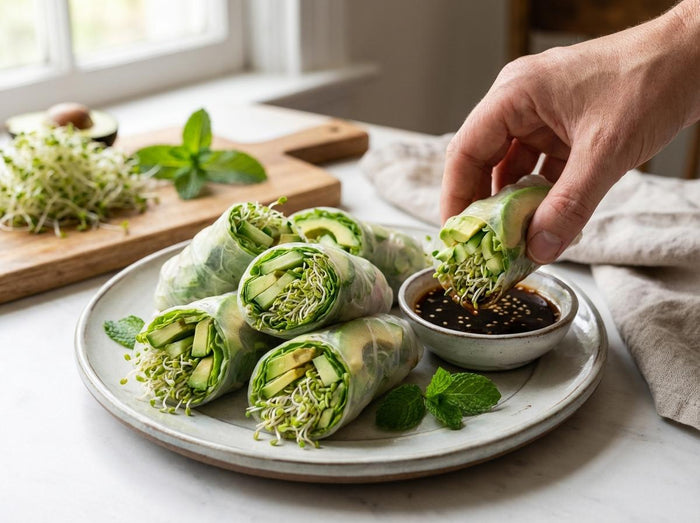 fresh vegetable spring rolls with avocado, cucumber, and alfalfa sprouts being dipped into a soy sauce bowl