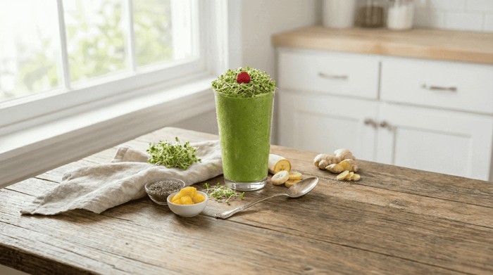 New Year Revival Smoothie smoothie topped with sprouts in a glass on a rustic wooden table near a window
