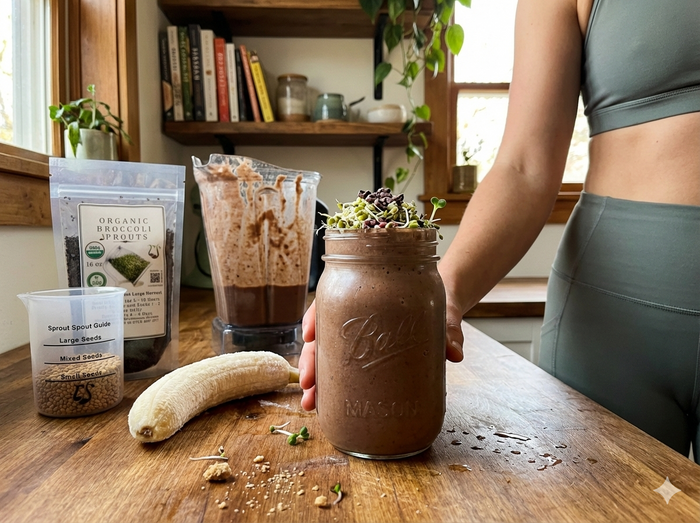chocolate smoothie topped with fresh broccoli sprouts in a glass jar next to Sprout Spout organic broccoli seeds