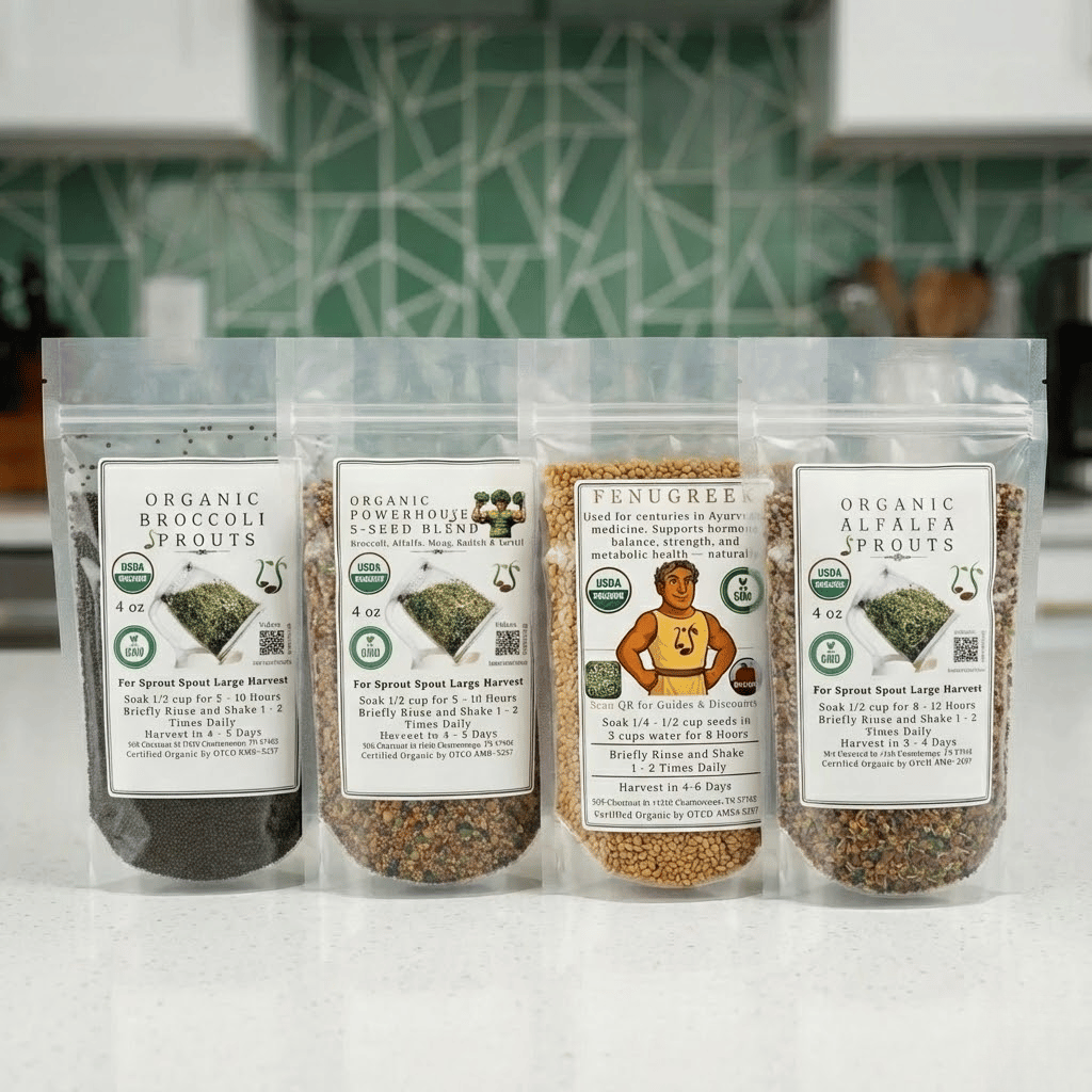 Organic 4 Bag Sampler Pack (Broccoli + Alfalfa + Fenugreek + 5 Seed Mix) - 4oz each