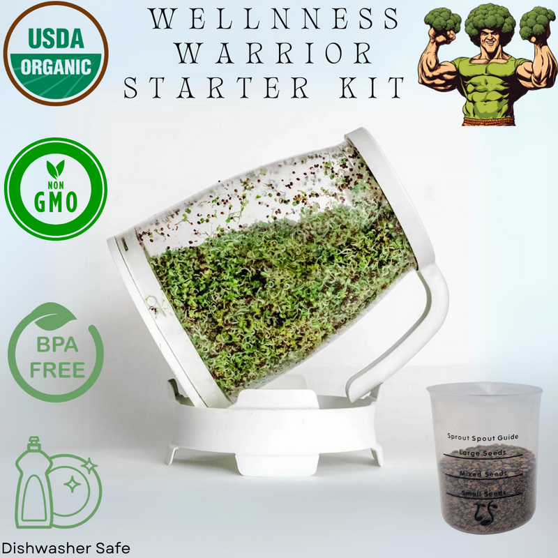 The image shows a white sprout spout device, filled with green sprouts, labeled 'WELLNESS WARRIOR STARTER KIT', with additional details about the product being BPA free, GMO free, and dishwasher safe. There's also an illustration of a character lifting weights in the background, suggesting the theme of wellness.