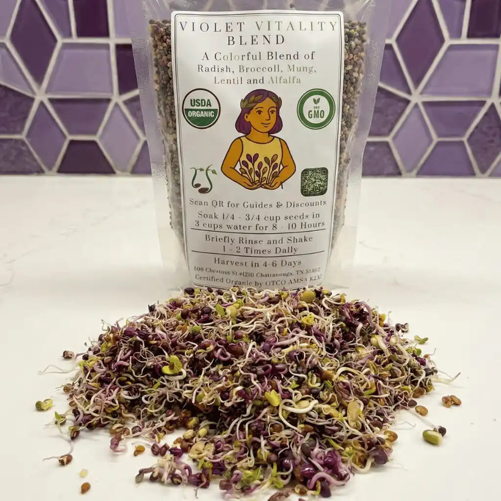 Packaged violet vitality blend with sprouted seeds on a white surface and purple tiled wall background