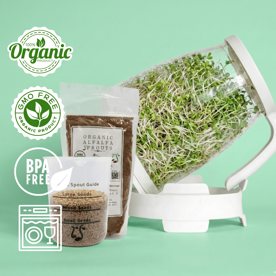 Sprout Spout Alfalfa Starter Kit: Sprout Spout + 4oz or 1lb seeds + Free Sprout Scoop