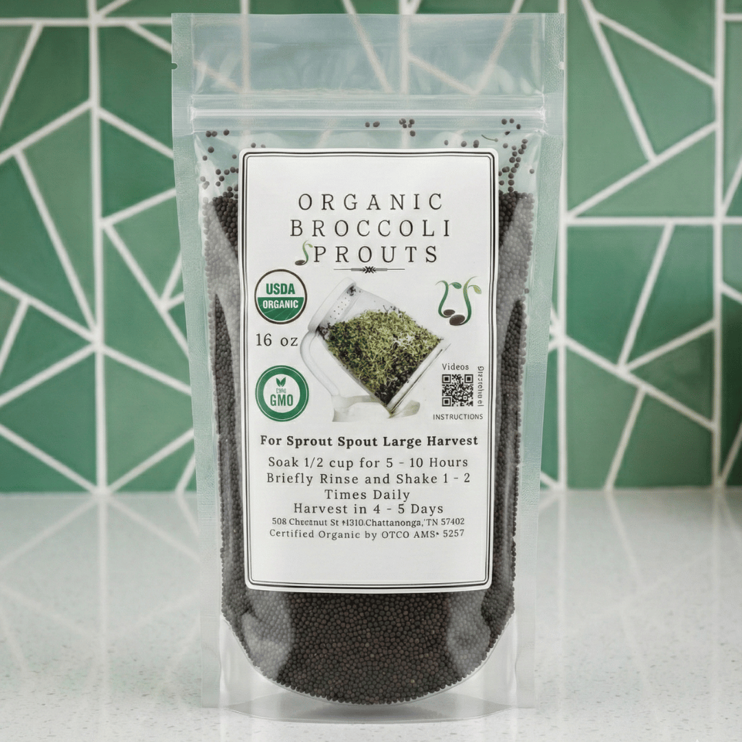 Packaged organic broccoli sprouts with a label on a green geometric patterned background
