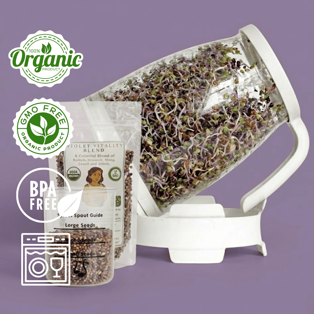Sprout Spout Violet Vitality Blend Starter Kit: Sprout Spout + 4oz or 1lb seeds + Free Sprout Scoop