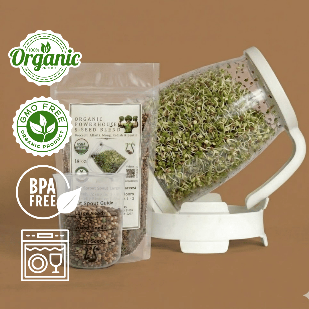 Sprout Spout Wellness Warrior Starter Kit: Sprout Spout +  4oz or 1lb seeds + Free Sprout Scoop